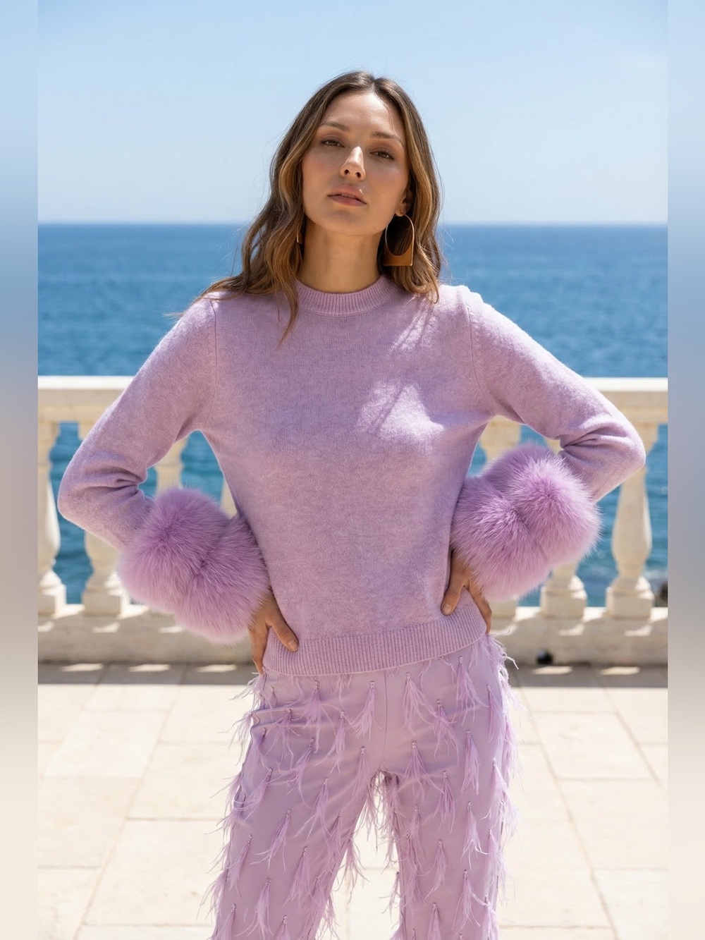 Lisa Maree Eva Removable Fox Fur Cuff Wool Sweater in Lilac Size L NWT